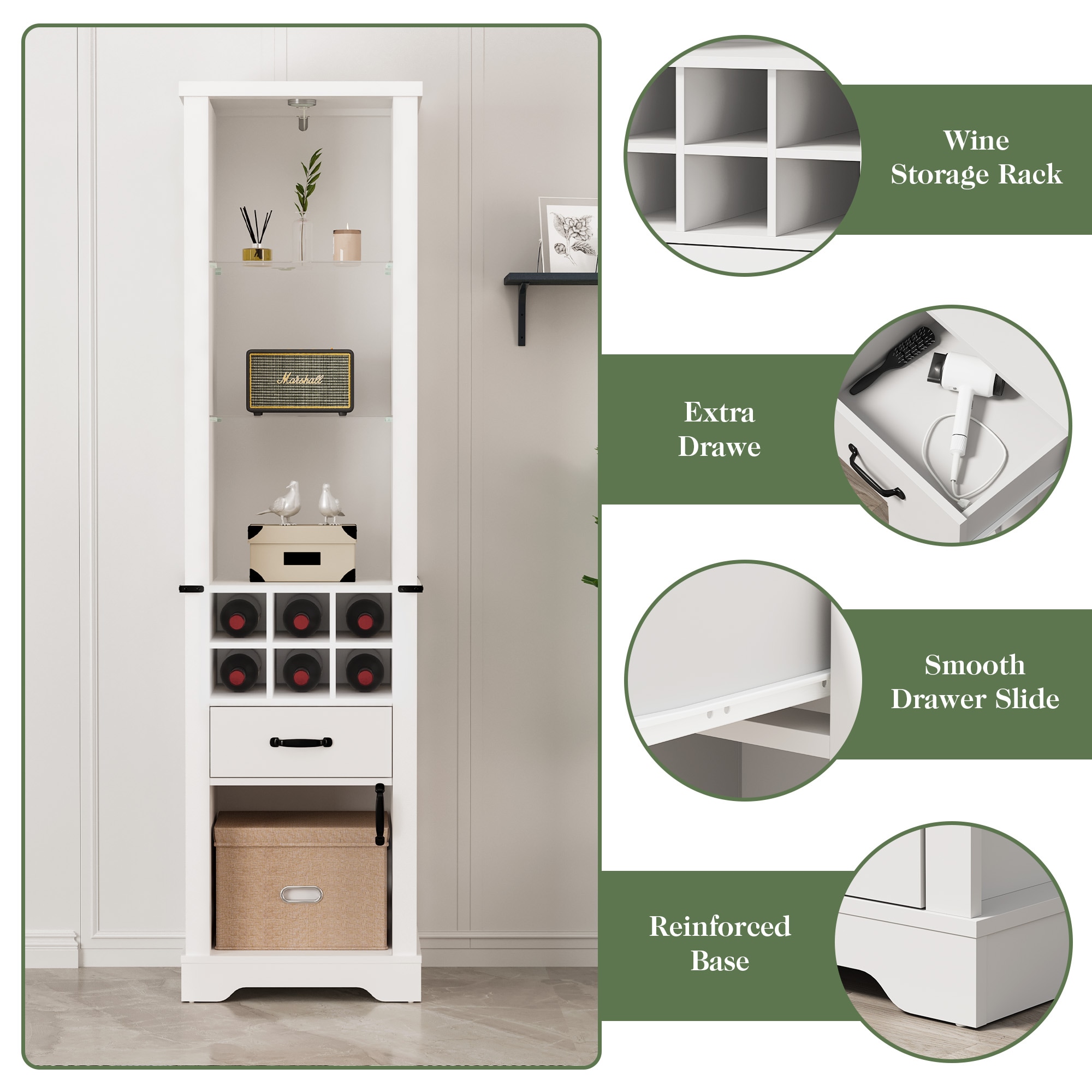 75'' Tall Storage Cabinet With LED Light, Farmhouse Pantry Cabinet With Tempered Glass Adjustable Shelves & Wine Storage Rack, Freestanding Linen Tower For Bathroom, Living Room, Kitchen, White_voghion.com